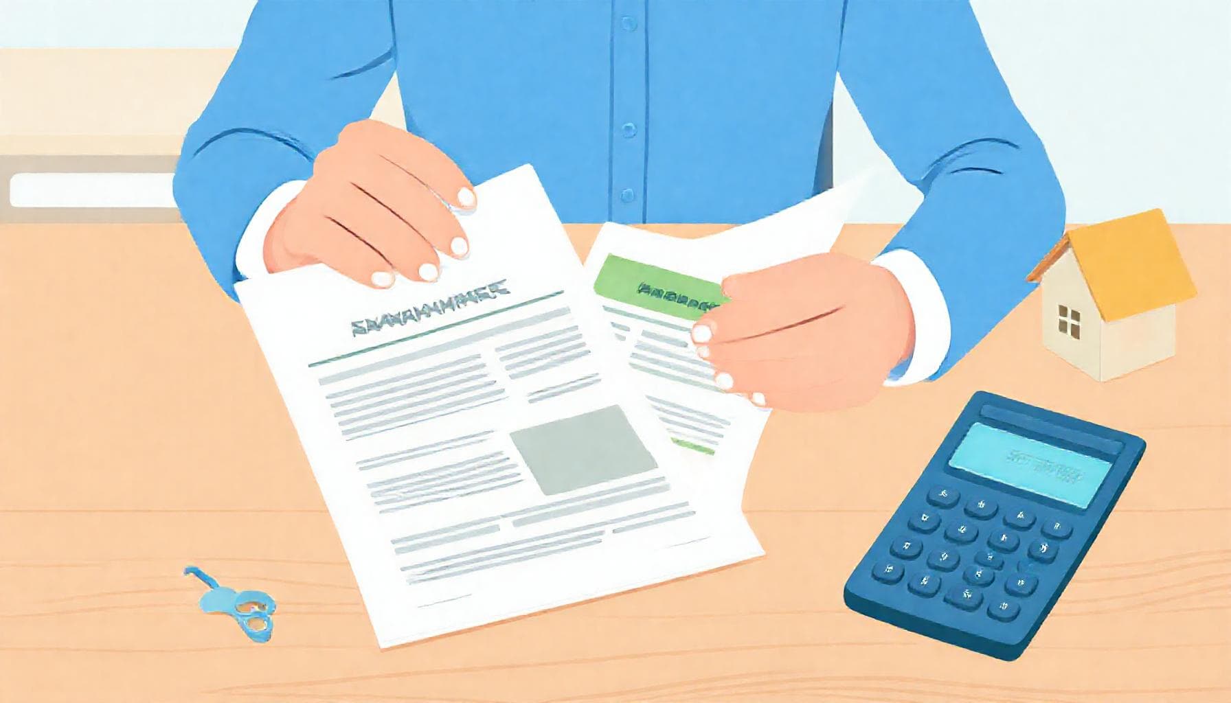 Person reviewing bank statements and mortgage documents on a desk with a house key