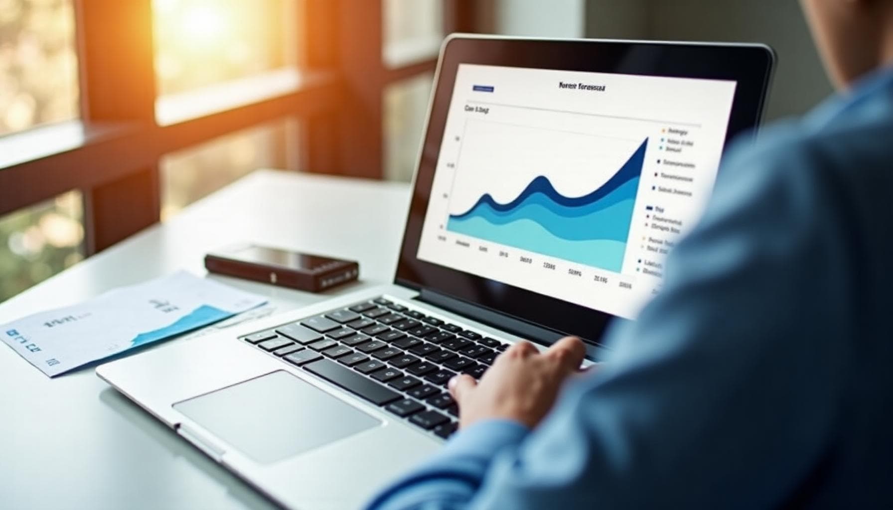 A small business owner reviewing cash flow forecast charts generated from bank statement data on a laptop