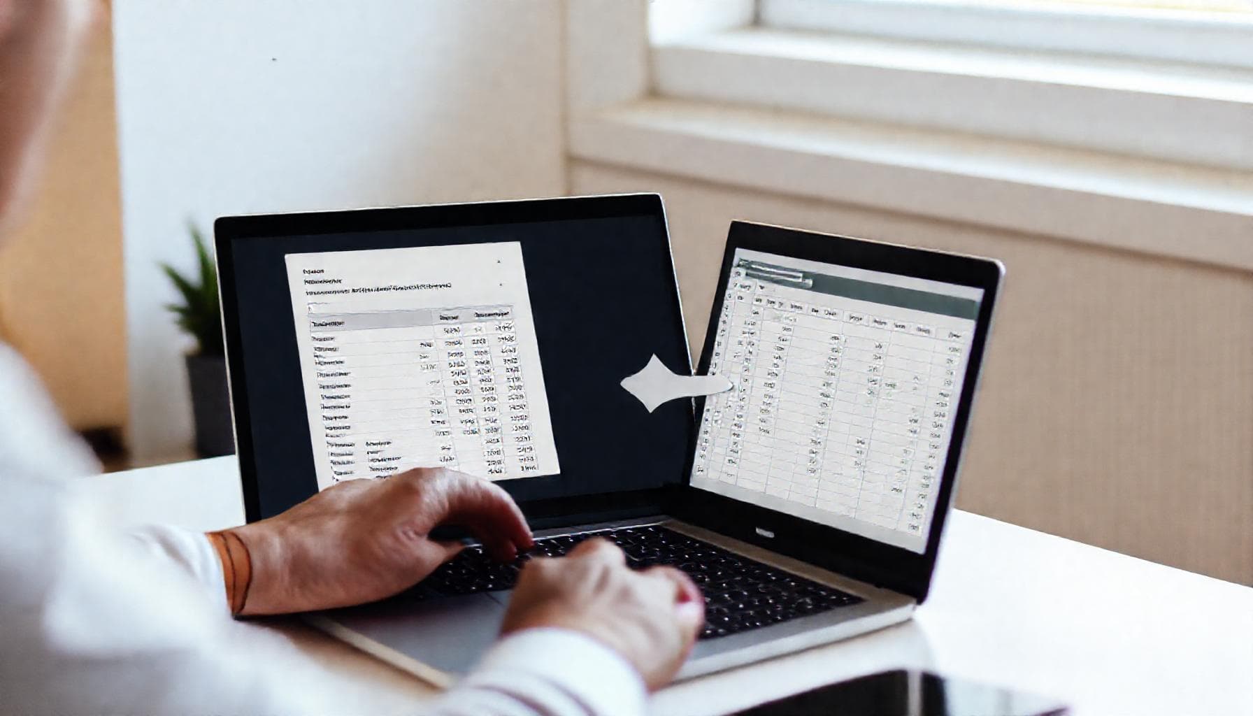 Person parsing bank statement data on a laptop with transaction spreadsheets
