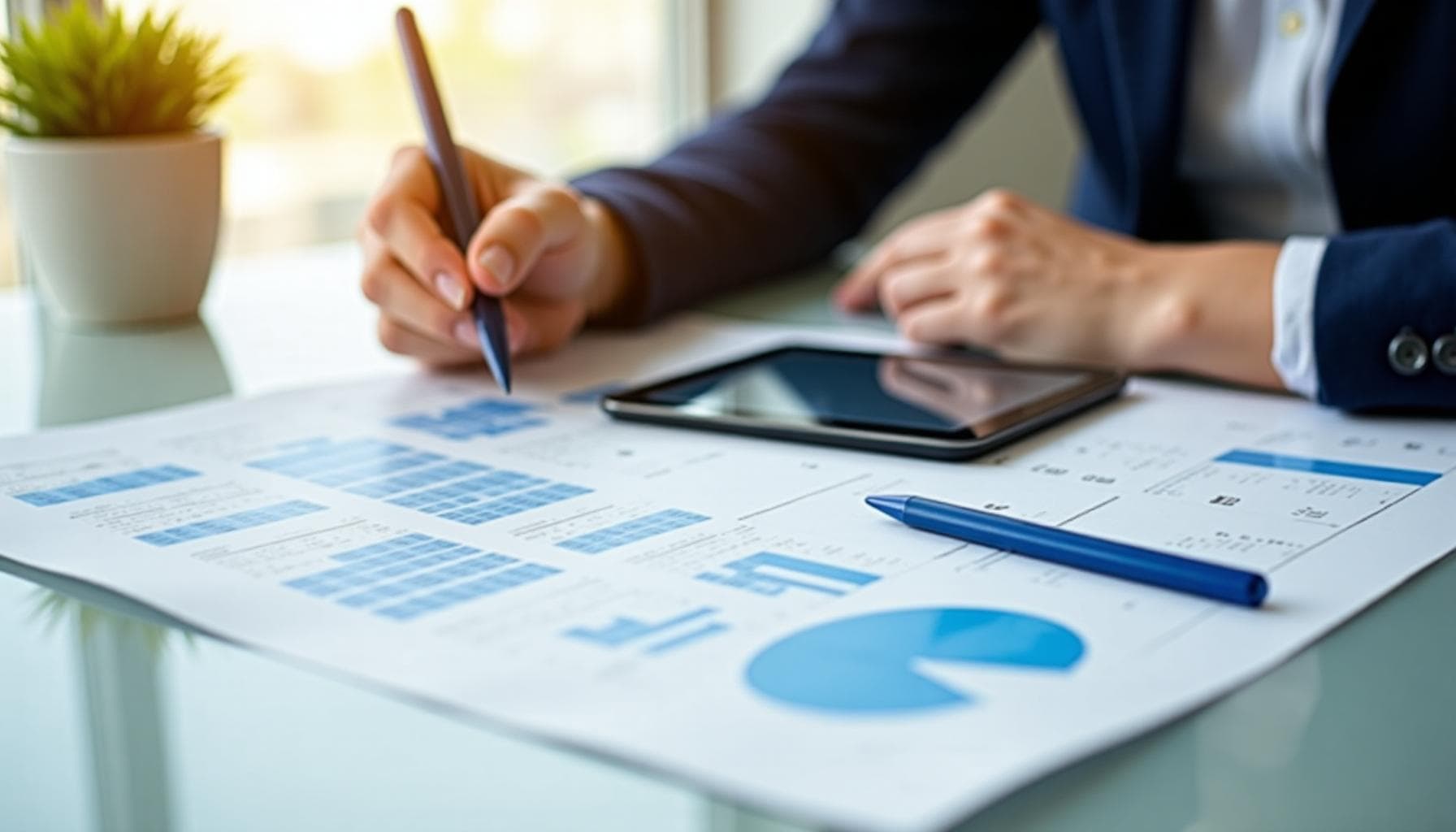 Auditor working with bank statement documents and financial spreadsheets